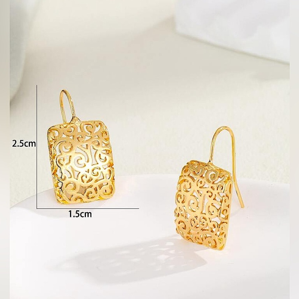 14k Gold Plated Celtic Filigree Rectangle Drop Earrings - Picture 3 of 12